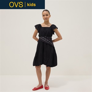 OVS KIDS(オヴィエッセ キッズ)  ブラック ピュアコットン ボートネック ワイドフィット ワンピース 女の子 キッズ(ブラック-146cm)