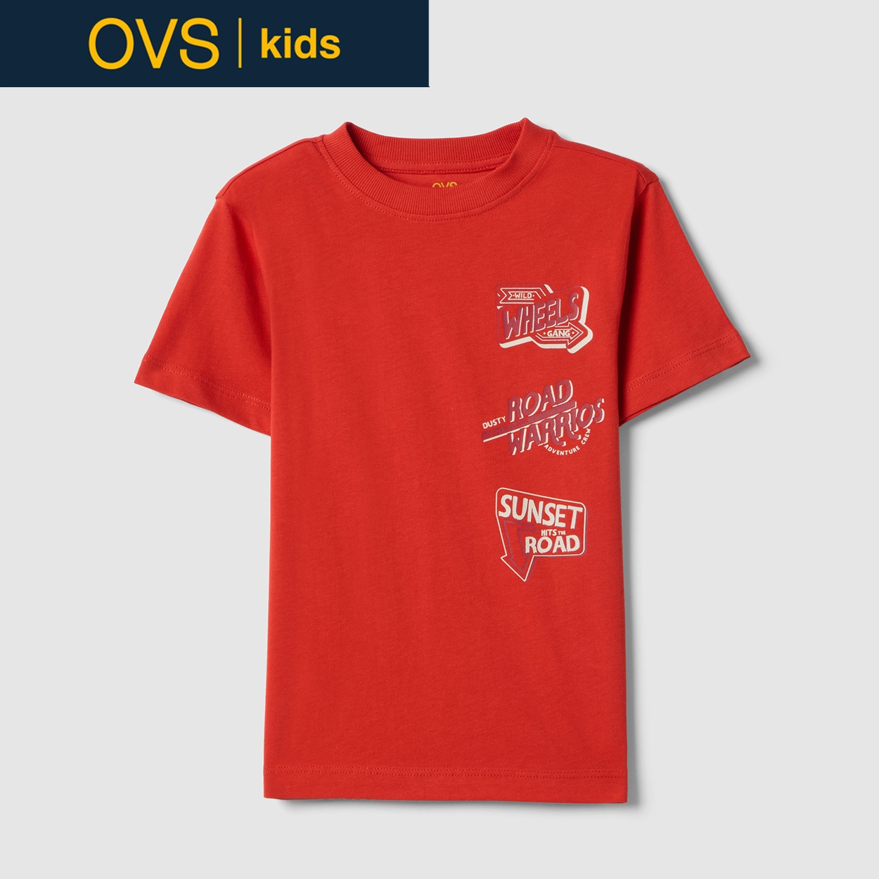 OVS KIDS(オヴィエッセ キッズ)  レッド ピュアコットン レギュラーフィット Tシャツ（プリント） 男の子 キッズ(チェリーレッド-134cm)