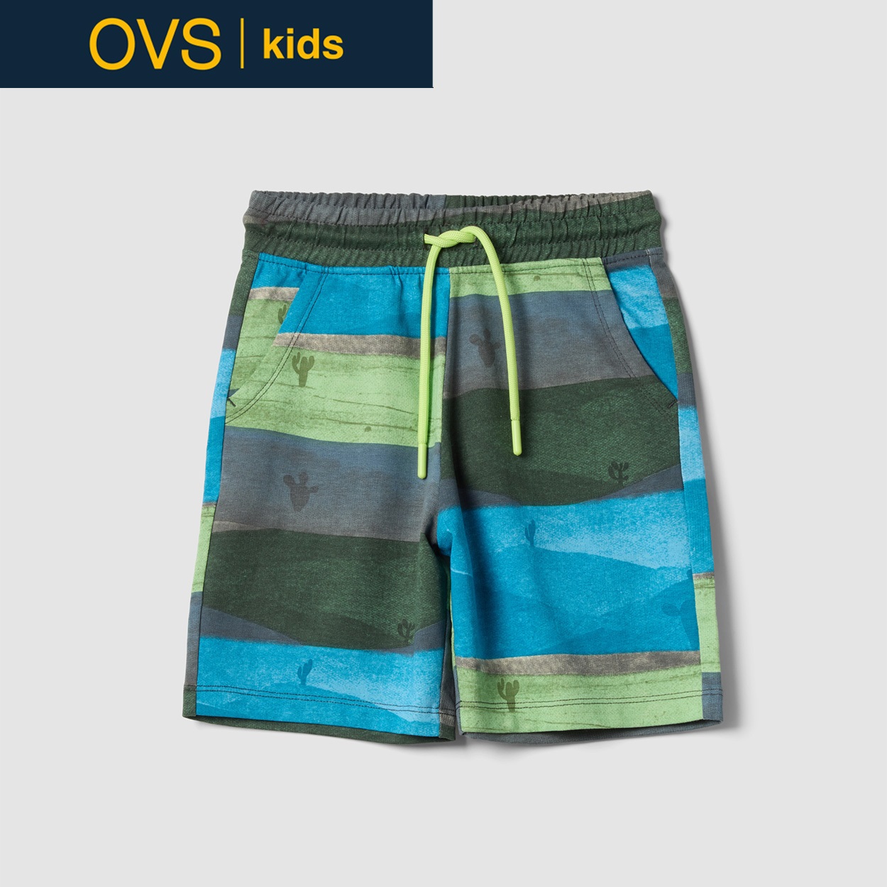 OVS KIDS(オヴィエッセ キッズ)  マルチカラー ストライプ ピュアコットン ショートパンツ 男の子 キッズ(グリーン／ブルー（マルチカラー）-140cm)