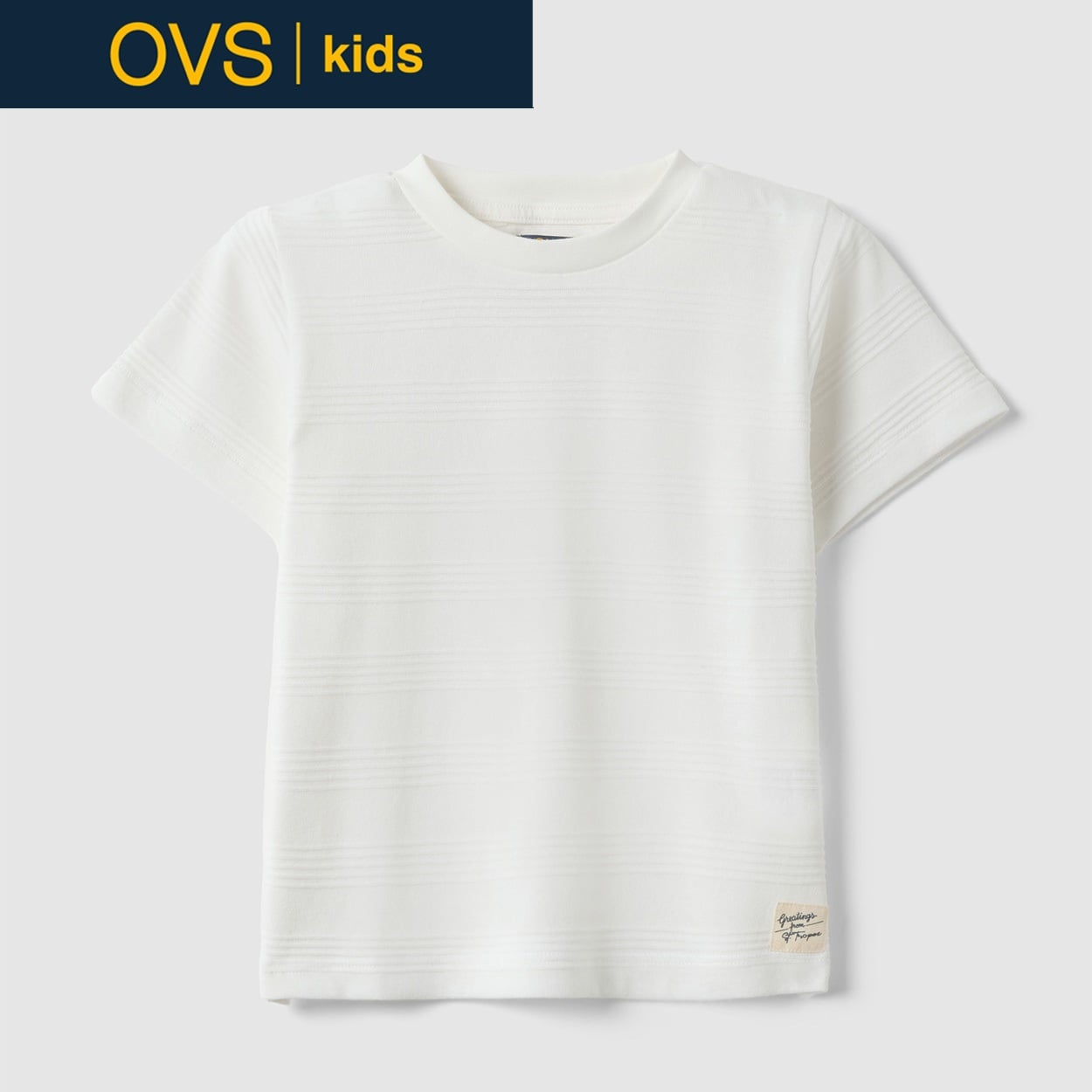 OVS KIDS(オヴィエッセ キッズ)  ホワイト ボーダー柄 コットン混 レギュラーフィット Tシャツ 男の子 キッズ(オプティカルホワイト-134cm)