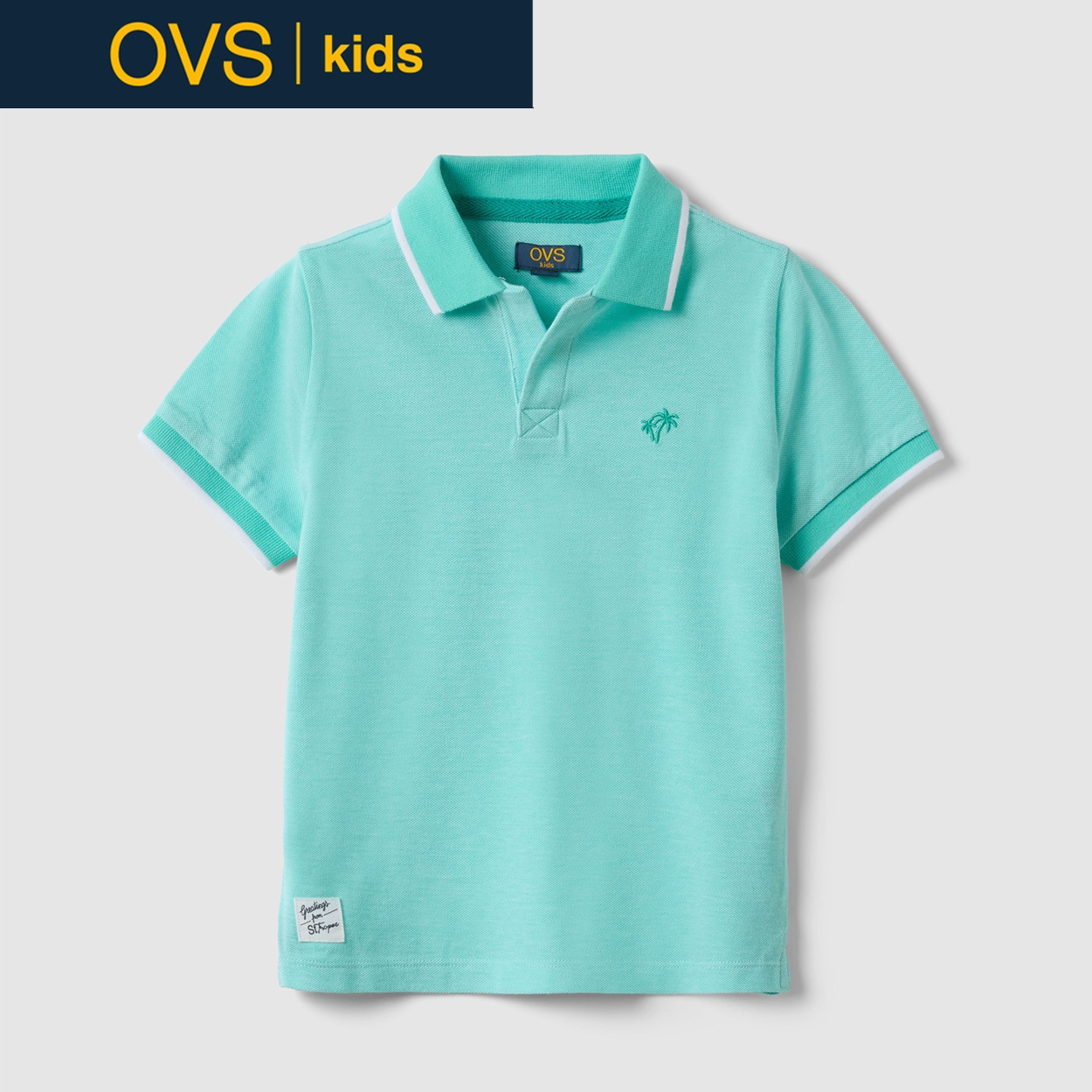 OVS KIDS(オヴィエッセ キッズ)  ライトブルー ピュアコットン レギュラーフィット 刺繍入り 半袖ポロシャツ 男の子 キッズ(アクアマリンブルー（ライトブルー）-116cm)
