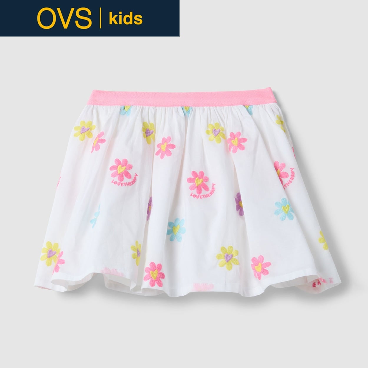 OVS KIDS(オヴィエッセ キッズ)  マルチカラー フラワープリント ピュアコットン レギュラーフィット スカート 女の子 キッズ(ピンク×ホワイト（マルチカラー）-140cm)