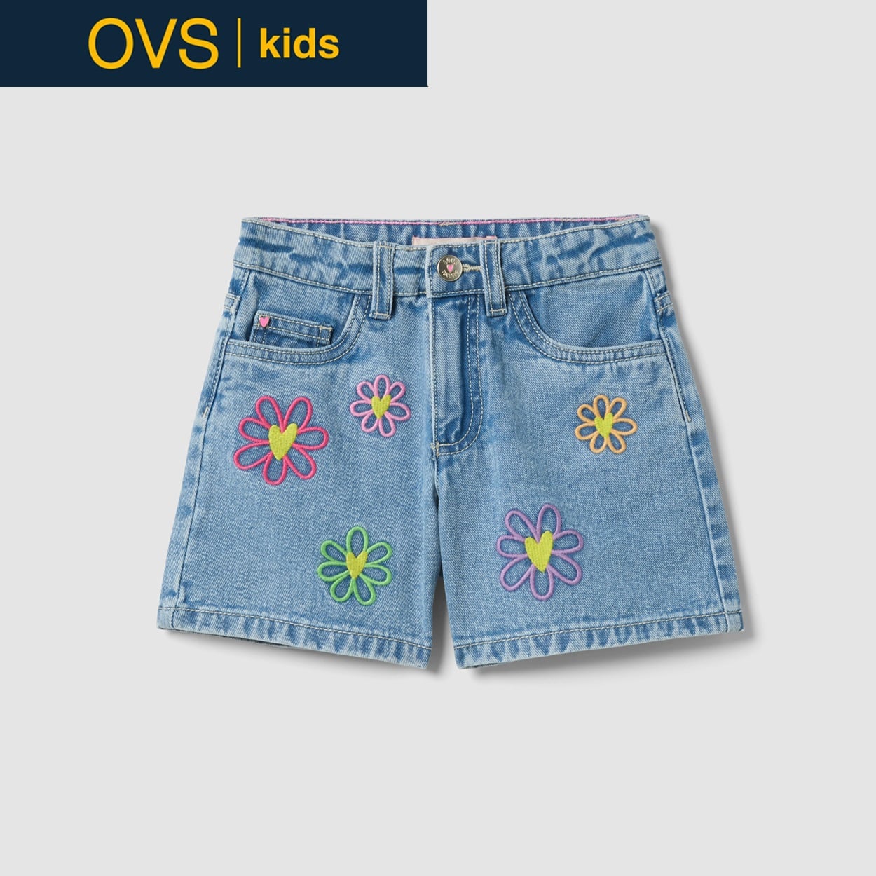 OVS KIDS(オヴィエッセ キッズ)  ライトブルー デニム ピュアコットン レギュラーフィット ショートパンツ（刺繍入り） 女の子 キッズ(ライトブルー（デニム）-116cm)