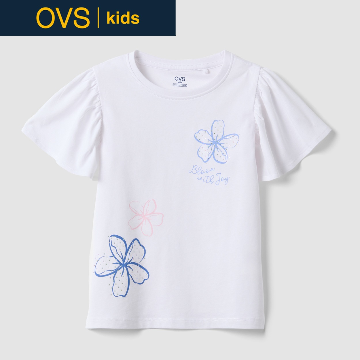 OVS KIDS(オヴィエッセ キッズ)  ホワイト ピュアコットン Tシャツ（フリル＆ラインストーン） 女の子 キッズ(オプティカルホワイト-104cm)