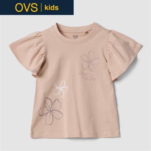 OVS KIDS(オヴィエッセ キッズ)  ベージュ ピュアコットン Tシャツ（フリル＆ラインストーン） 女の子 キッズ