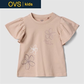 OVS KIDS(オヴィエッセ キッズ)  ベージュ ピュアコットン Tシャツ（フリル＆ラインストーン） 女の子 キッズ(ダークベージュ-104cm)