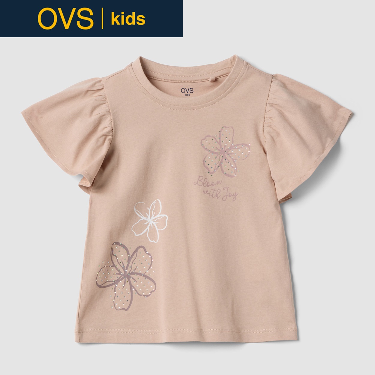 OVS KIDS(オヴィエッセ キッズ)  ベージュ ピュアコットン Tシャツ（フリル＆ラインストーン） 女の子 キッズ(ダークベージュ-116cm)