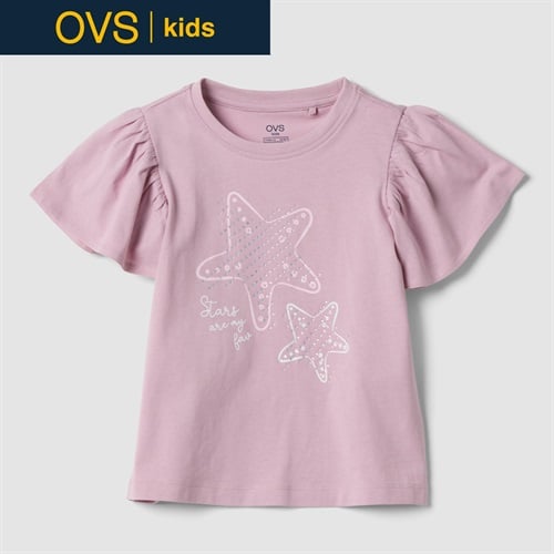 OVS KIDS(オヴィエッセ キッズ)  ピンク ピュアコットン フリルスリーブ Tシャツ（ラインストーン） 女の子 キッズ