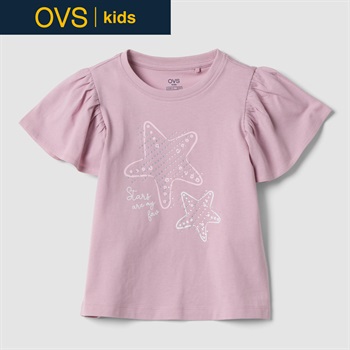 OVS KIDS(オヴィエッセ キッズ)  ピンク ピュアコットン フリルスリーブ Tシャツ（ラインストーン） 女の子 キッズ(ピンク-104cm)
