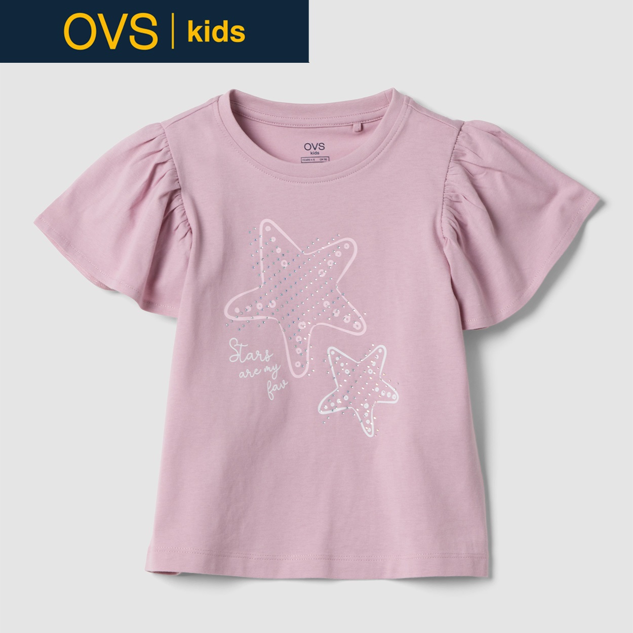 OVS KIDS(オヴィエッセ キッズ)  ピンク ピュアコットン フリルスリーブ Tシャツ（ラインストーン） 女の子 キッズ(ピンク-128cm)