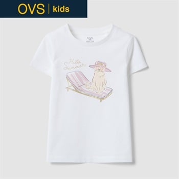 OVS KIDS(オヴィエッセ キッズ)  ホワイト オーガニックピュアコットン Tシャツ（プリント＆グリッター） 女の子 キッズ(ホワイト-104cm)