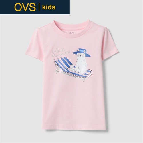 OVS KIDS(オヴィエッセ キッズ)  ピンク オーガニックコットン Tシャツ（プリント＆グリッター） 女の子 キッズ