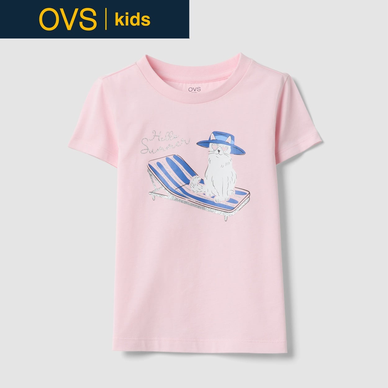 OVS KIDS(オヴィエッセ キッズ)  ピンク オーガニックコットン Tシャツ（プリント＆グリッター） 女の子 キッズ(ライトピンク-128cm)