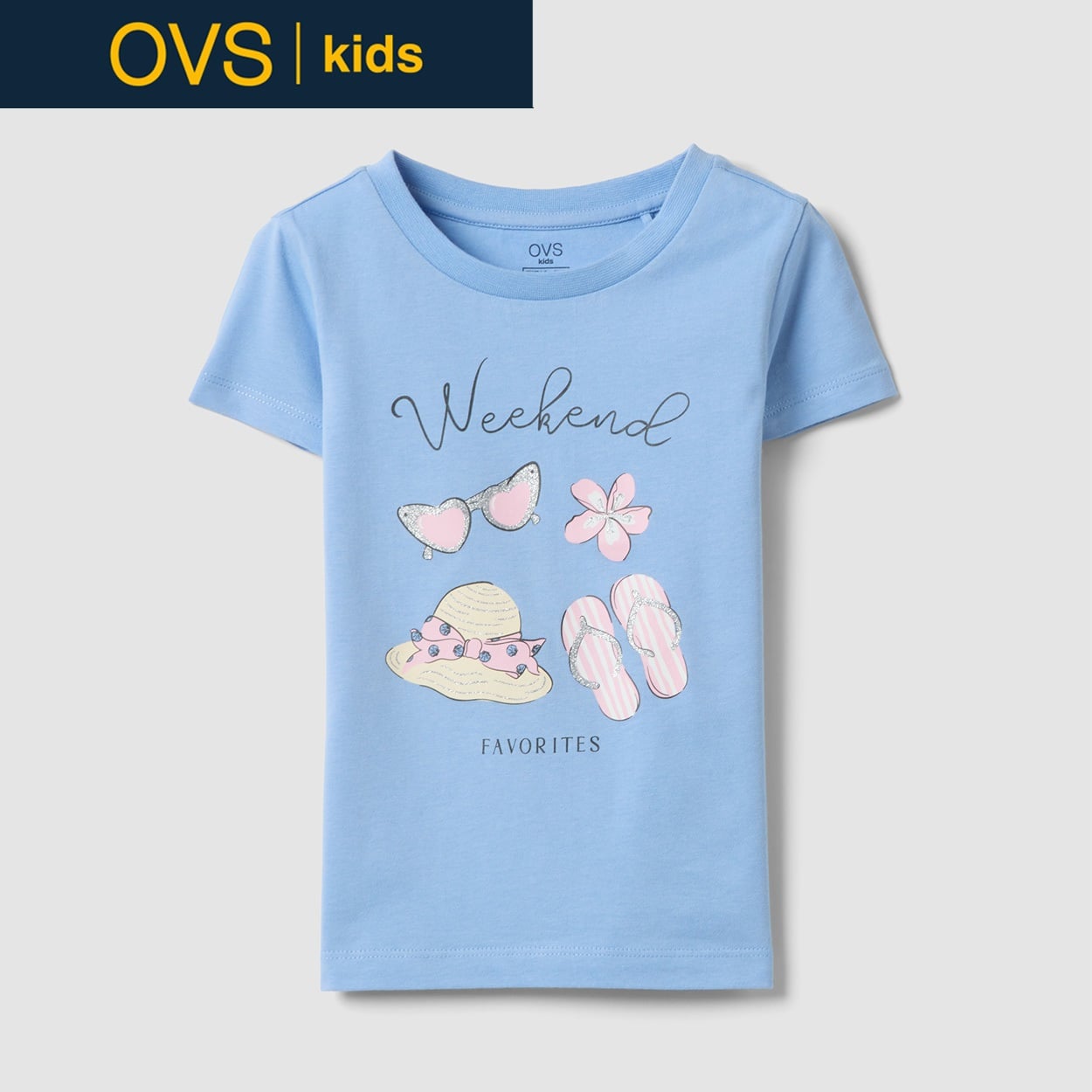 OVS KIDS(オヴィエッセ キッズ)  ライトブルー オーガニックピュアコットン Tシャツ（プリント＆グリッター） 女の子 キッズ(ライトブルー-104cm)