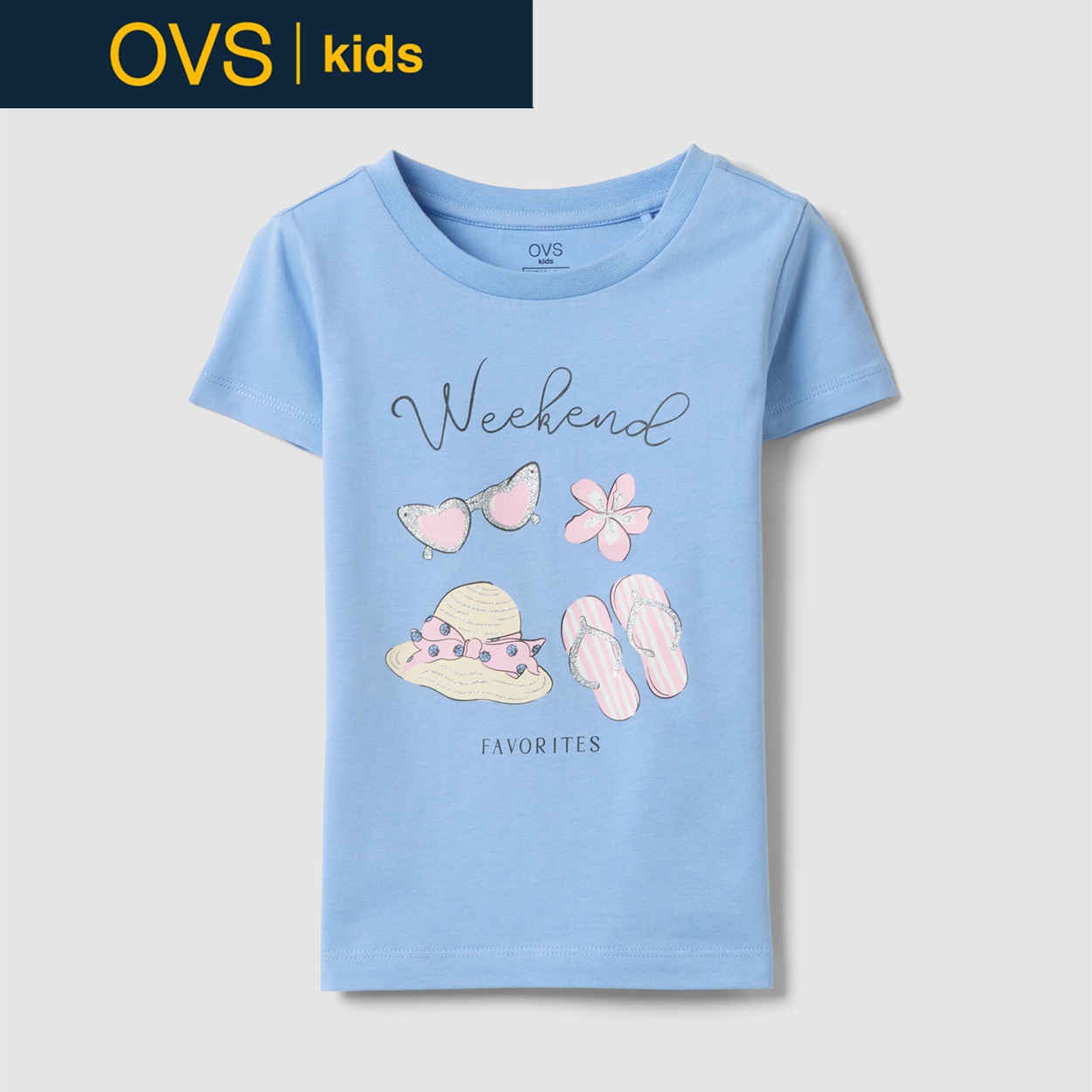OVS KIDS(オヴィエッセ キッズ)  ライトブルー オーガニックピュアコットン Tシャツ（プリント＆グリッター） 女の子 キッズ(ライトブルー-140cm)