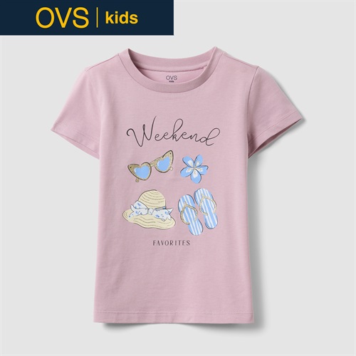 OVS KIDS(オヴィエッセ キッズ)  ピンク オーガニックコットン Tシャツ（プリント＆グリッター） 女の子 キッズ
