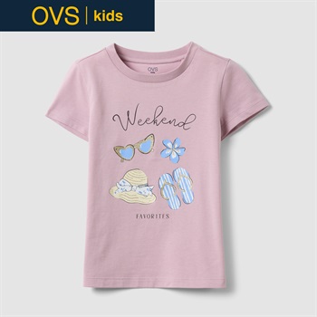 OVS KIDS(オヴィエッセ キッズ)  ピンク オーガニックコットン Tシャツ（プリント＆グリッター） 女の子 キッズ(パステルピンク-104cm)