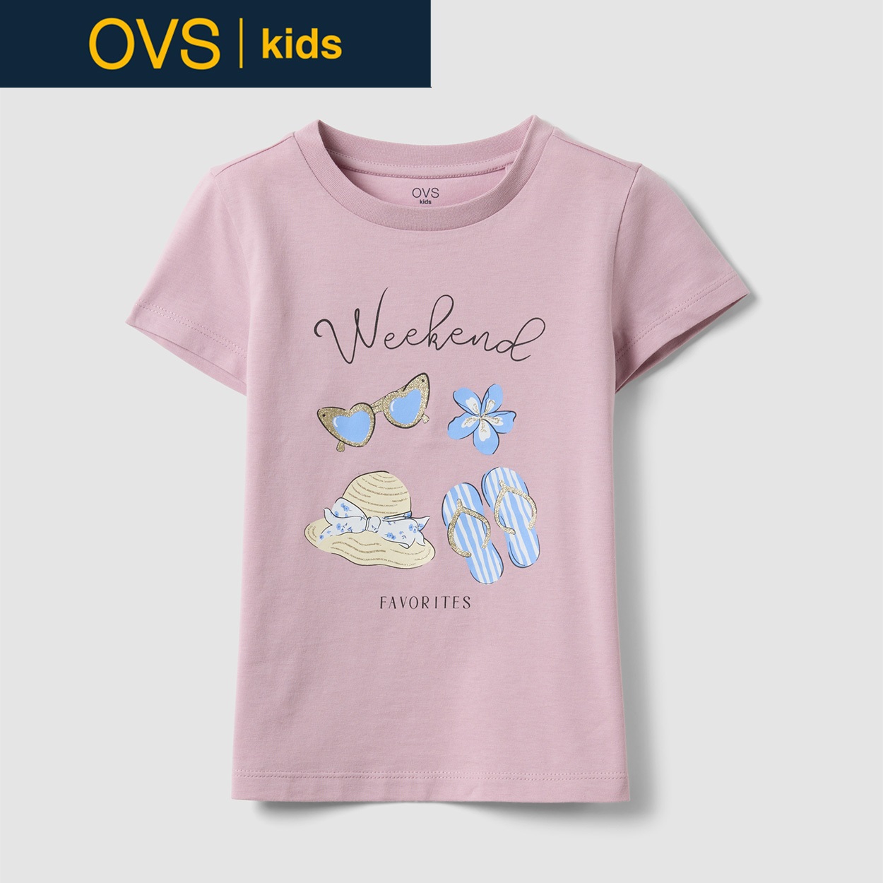 OVS KIDS(オヴィエッセ キッズ)  ピンク オーガニックコットン Tシャツ（プリント＆グリッター） 女の子 キッズ(パステルピンク-122cm)
