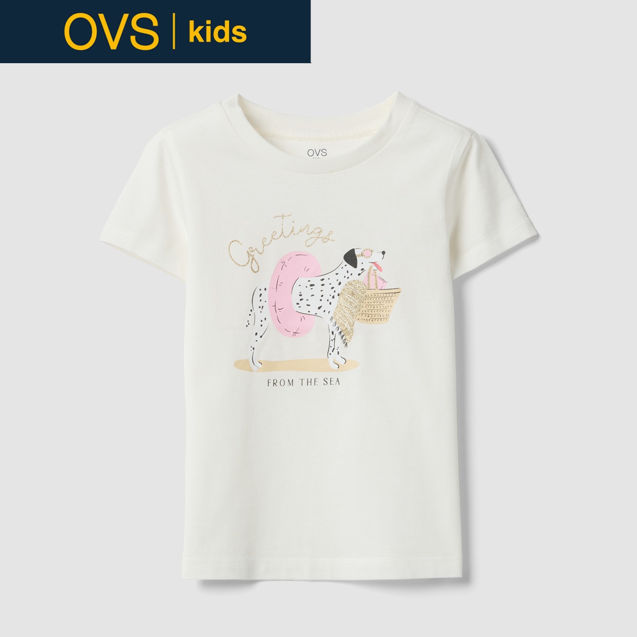 OVS KIDS(オヴィエッセ キッズ)  ホワイト オーガニックピュアコットン Tシャツ（プリント＆グリッター） 女の子 キッズ(ソフトホワイト-110cm)