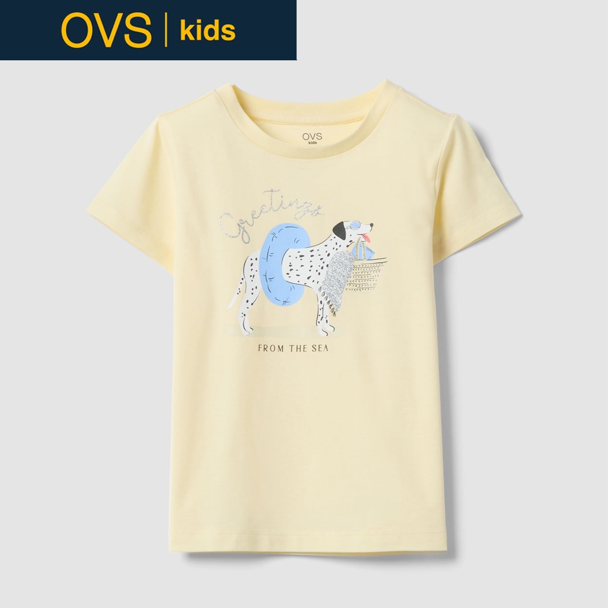 OVS KIDS(オヴィエッセ キッズ)  イエロー オーガニックピュアコットン Tシャツ（プリント＆グリッター） 女の子 キッズ(ライトイエロー-104cm)