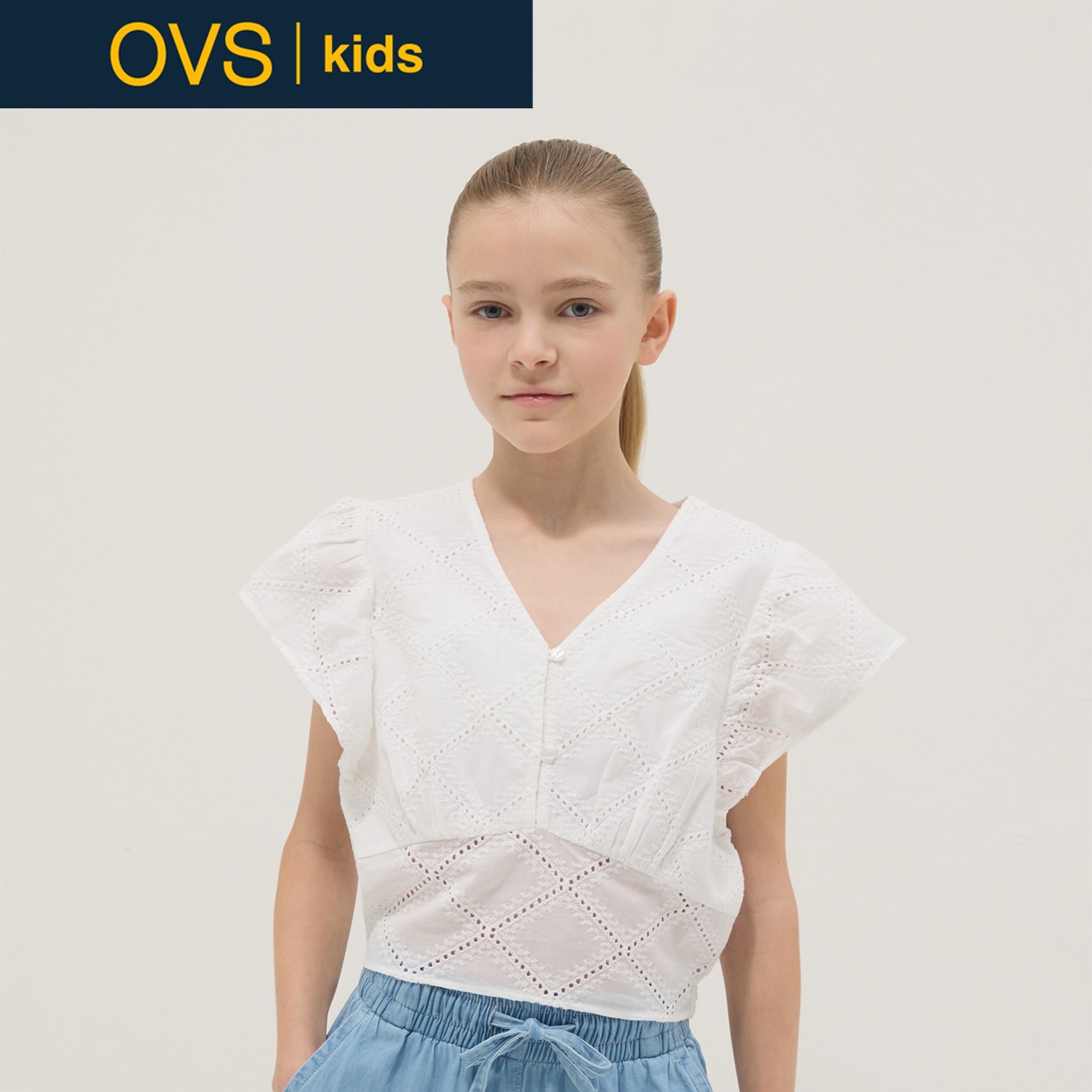 OVS KIDS(オヴィエッセ キッズ)  ホワイト ピュアコットン レギュラーフィット 半袖シャツ 女の子 キッズ(オプティカルホワイト-158cm)