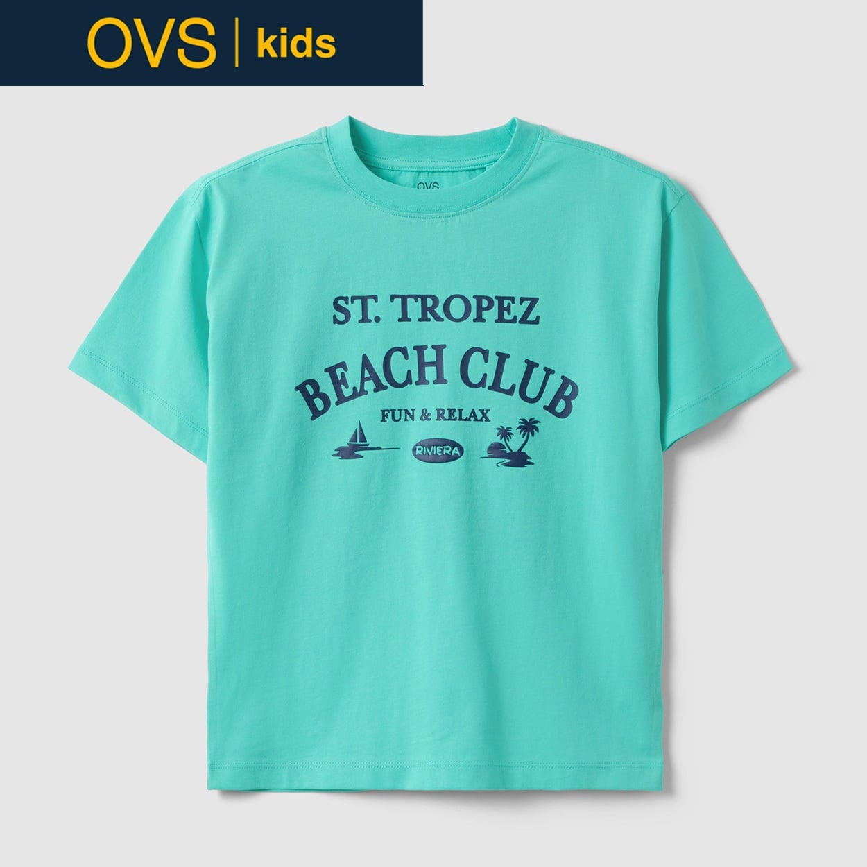 OVS KIDS(オヴィエッセ キッズ)  ブルー ピュアコットン レギュラーフィット Tシャツ（プリント） 男の子 キッズ(ターコイズブルー-134cm)