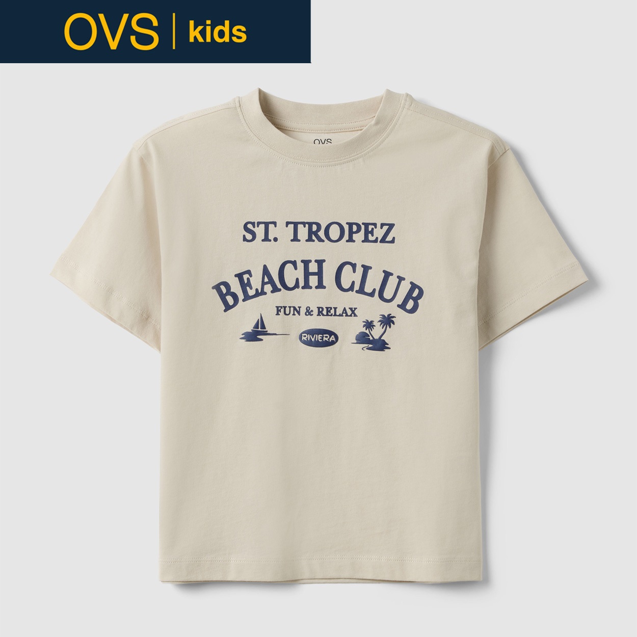 OVS KIDS(オヴィエッセ キッズ)  ベージュ ピュアコットン オーバーサイズフィット Tシャツ（プリント） 男の子 キッズ(ライトベージュ-104cm)
