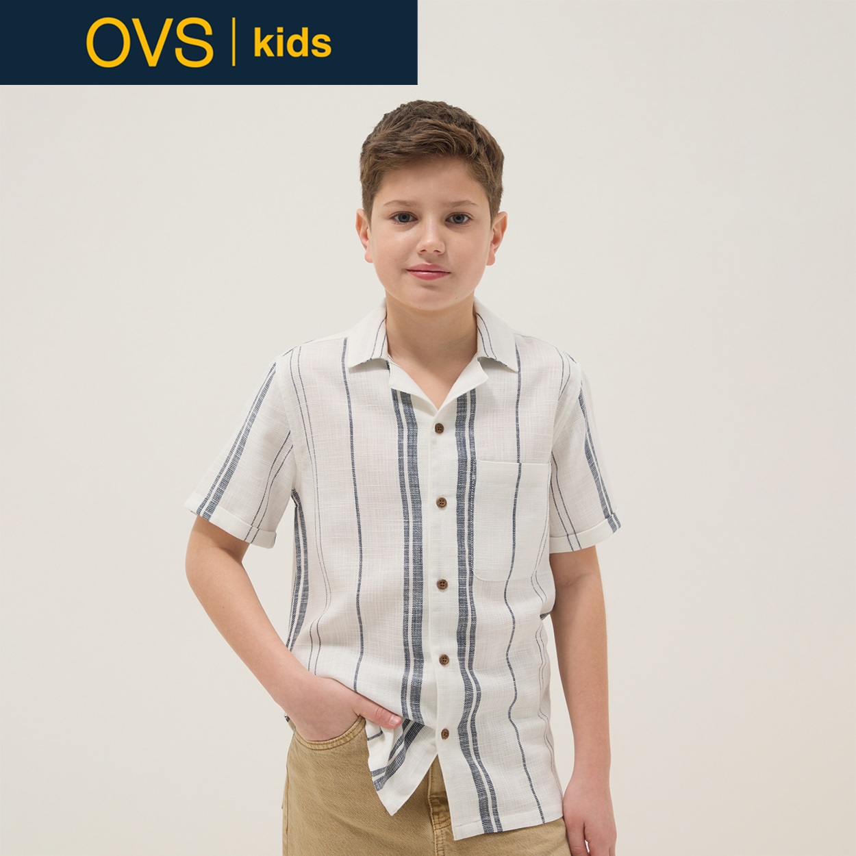 OVS KIDS(オヴィエッセ キッズ)  マルチカラー ストライプ柄 ピュアコットン レギュラーフィット シャツ 男の子 キッズ(ホワイト×ブルー（マルチカラー）-164cm)