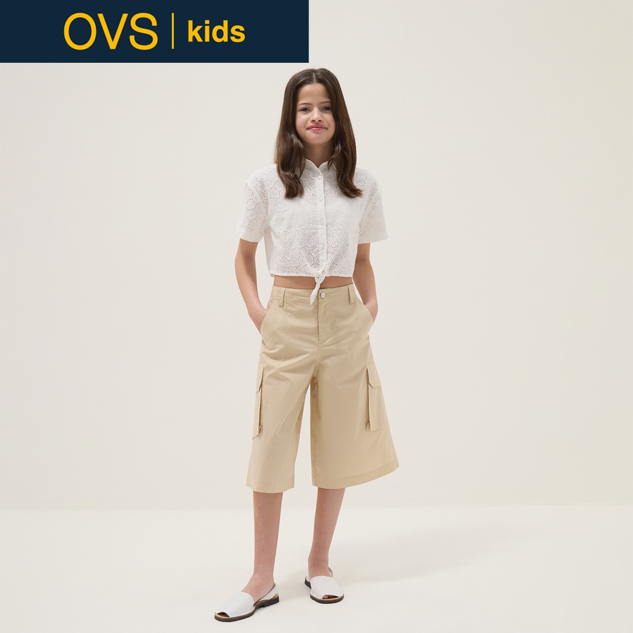 OVS KIDS(オヴィエッセ キッズ)  ベージュ ピュアコットン カーゴパンツ（リラックスフィット） 女の子 キッズ(ベージュ-164cm)