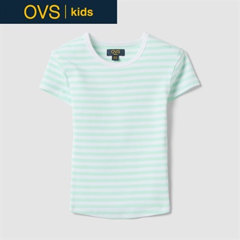 OVS KIDS(オヴィエッセ キッズ)  ストレッチコットン マルチカラー ボーダー フィットTシャツ 女の子 キッズ(ホワイト／グリーン（マルチカラー）-146cm)