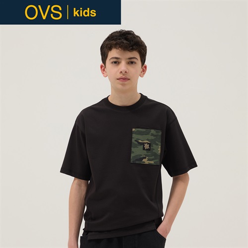 OVS KIDS(オヴィエッセ キッズ)  ブラック ピュアコットン オーバーサイズフィット Tシャツ（胸ポケット付き） 男の子 キッズ