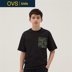 OVS KIDS(オヴィエッセ キッズ)  ブラック ピュアコットン オーバーサイズフィット Tシャツ（胸ポケット付き） 男の子 キッズ(ガンメタル-146cm)