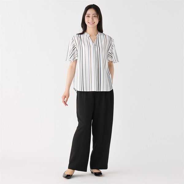 エマジェイムス 【新品】EMMA JAMES プルオーバーシャツ ストライプ 両面Vネック ポリ×綿 9号 M ヘザーネイビー 杢紺×白 レディース EMMA JAMES (エマジェイムス) バルーンシルエットブルゾン