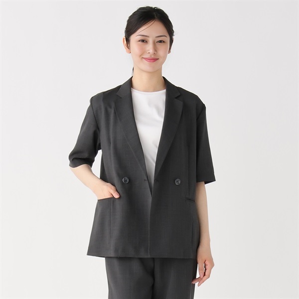 麻調コンフォート 半袖ダブルブレストジャケット レディス