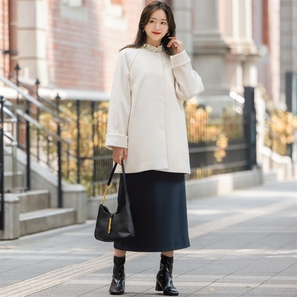 ウールライク ノーカラーハーフ丈コート レディス Purelast(ピュア