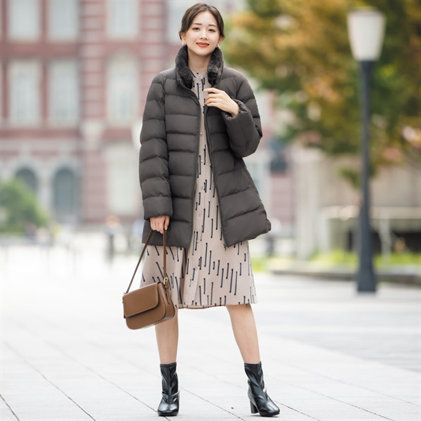衿ボア取外し 中綿ハーフ丈コート レディス Purelast(ピュアラスト