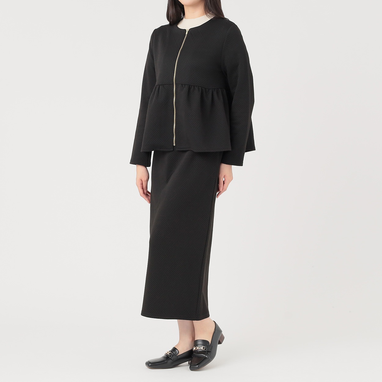 膨れジャカード ペプラムジャケット＋タイトスカートセットアップ