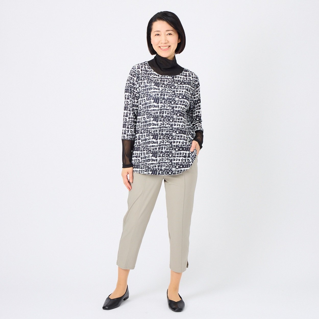 day to day チュニック　ＬＬ　モノトーン　プリント　オシャレ カットソー モノトーンプリントチュニック レディス 着楽美