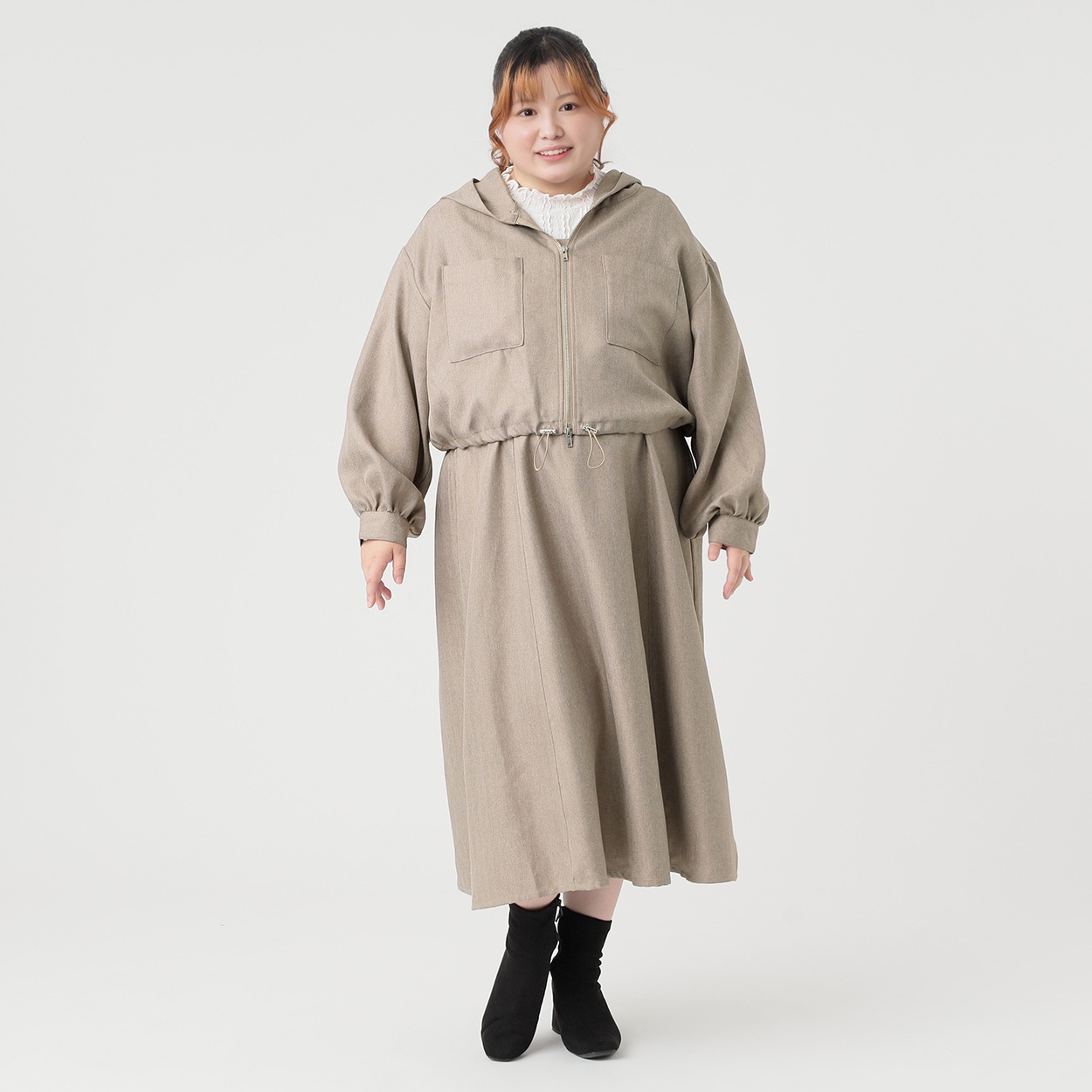 ヘリンボンフードシャツセットアップ レディス ぽっちゃりサイズの