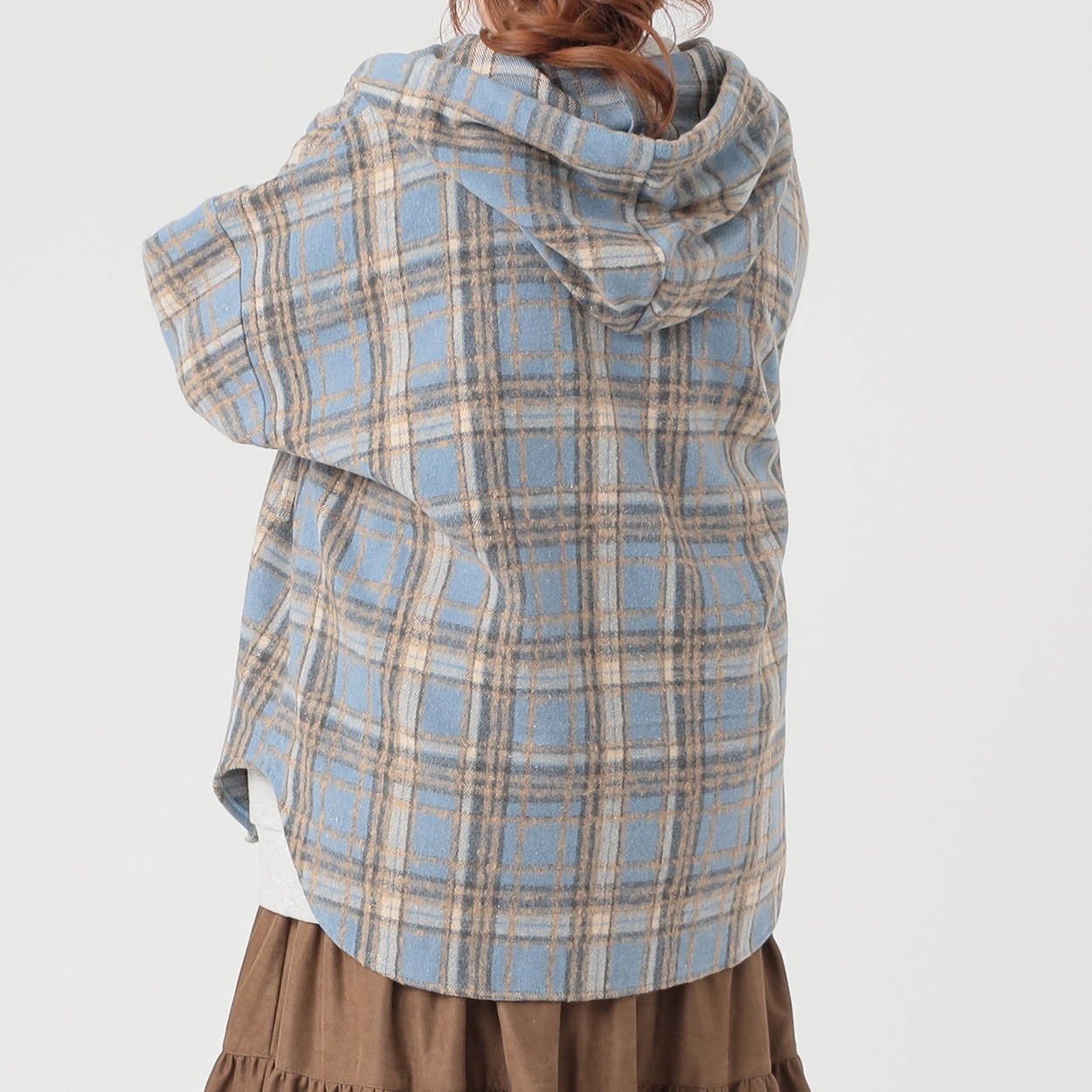 シャギーチェックフードシャツジャケット レディス ぽっちゃりサイズの