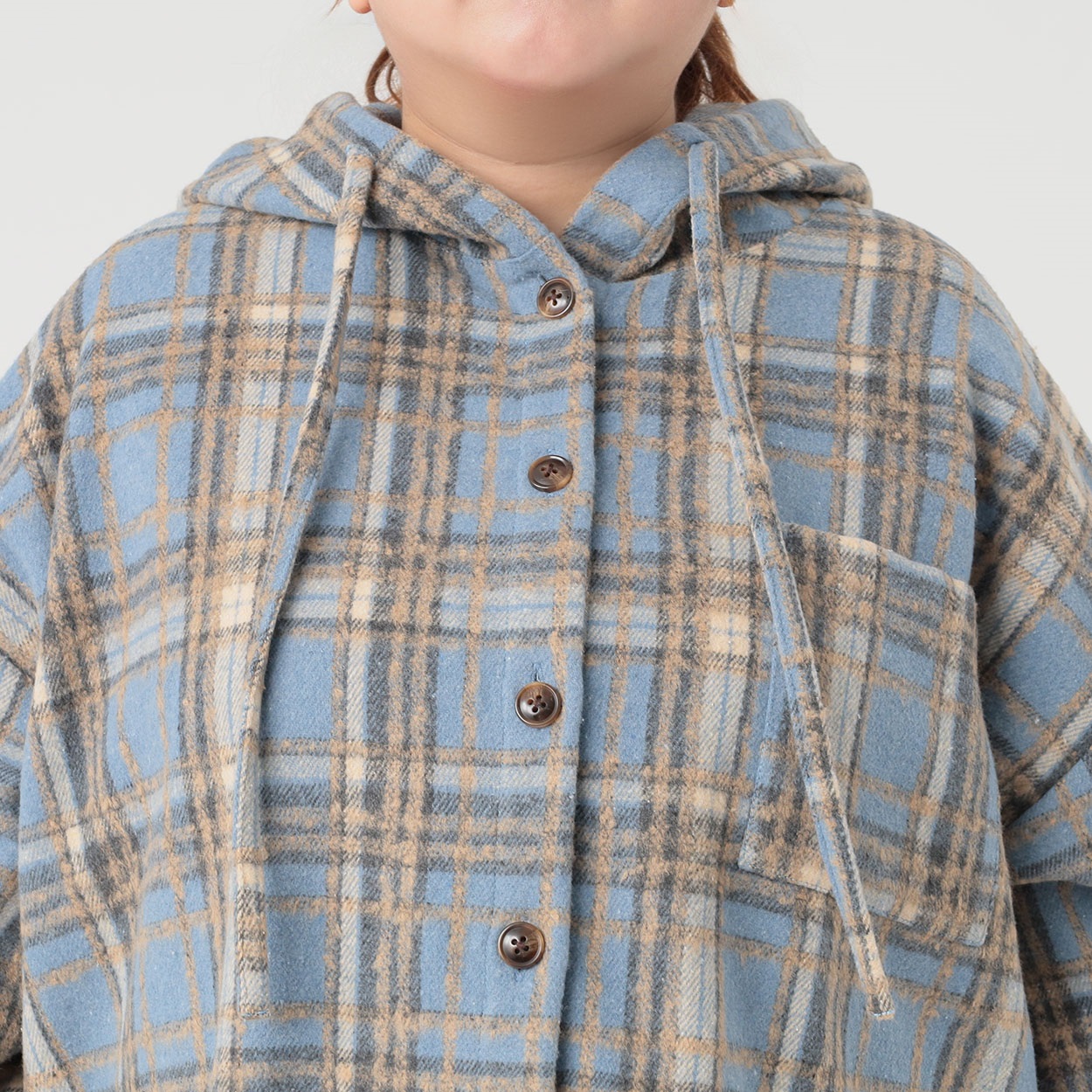 シャギーチェックフードシャツジャケット レディス ぽっちゃりサイズの
