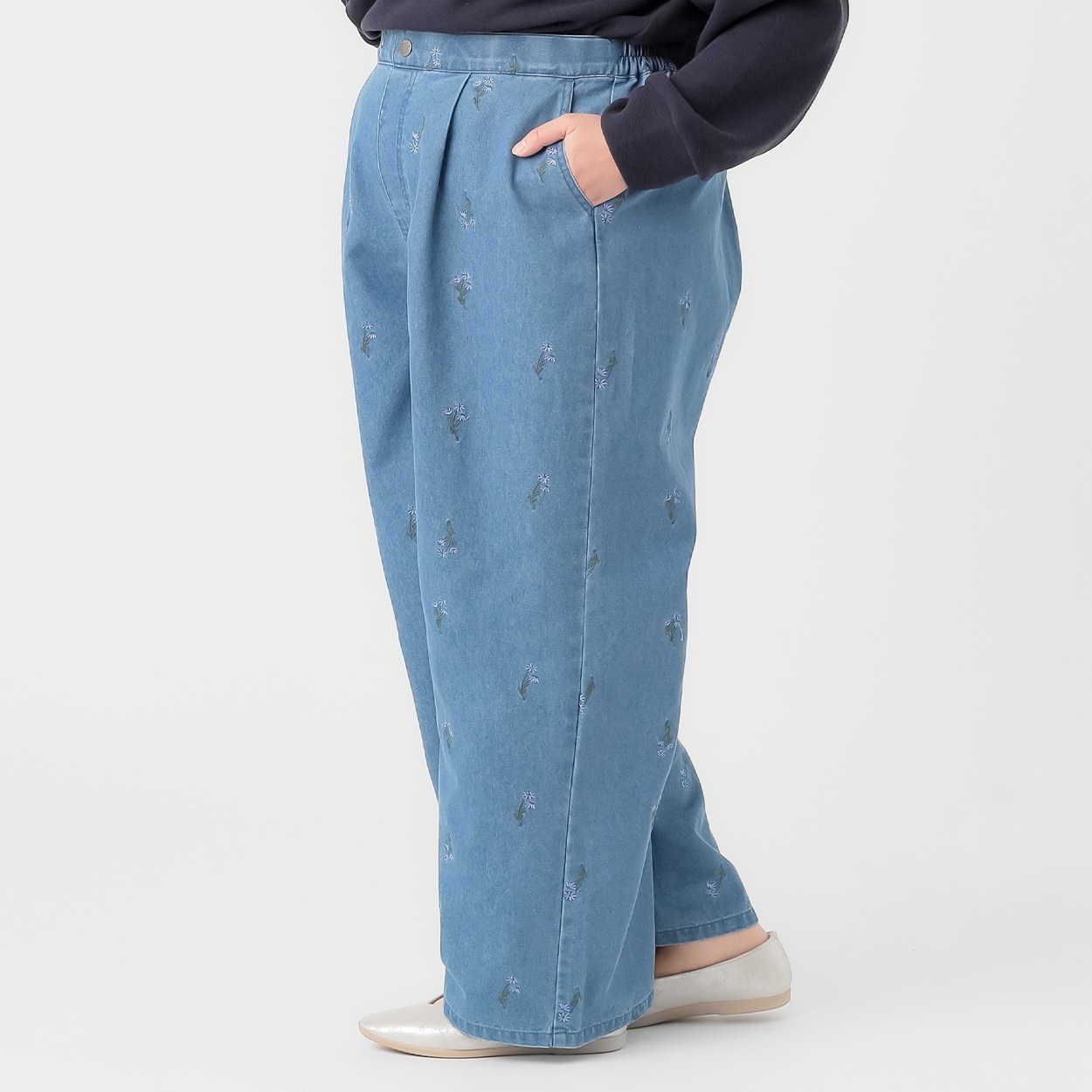 花刺繍デニムワイドパンツ レディス ぽっちゃりサイズのnoannu 336326 