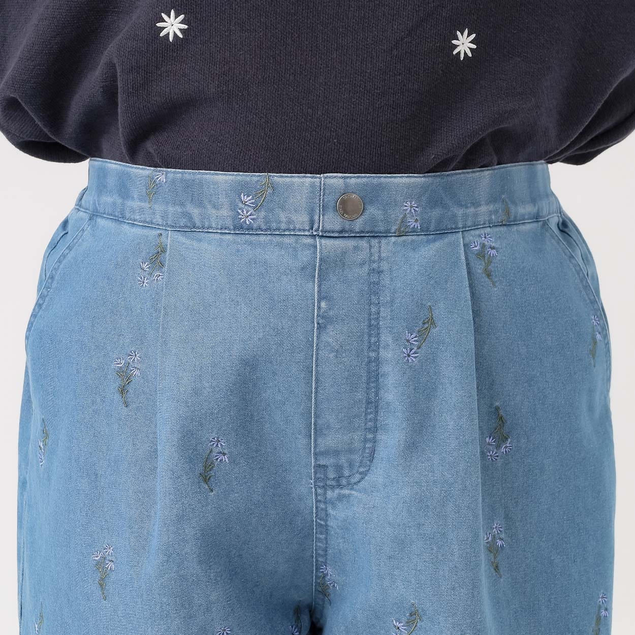 花刺繍デニムワイドパンツ レディス ぽっちゃりサイズのnoannu 336326