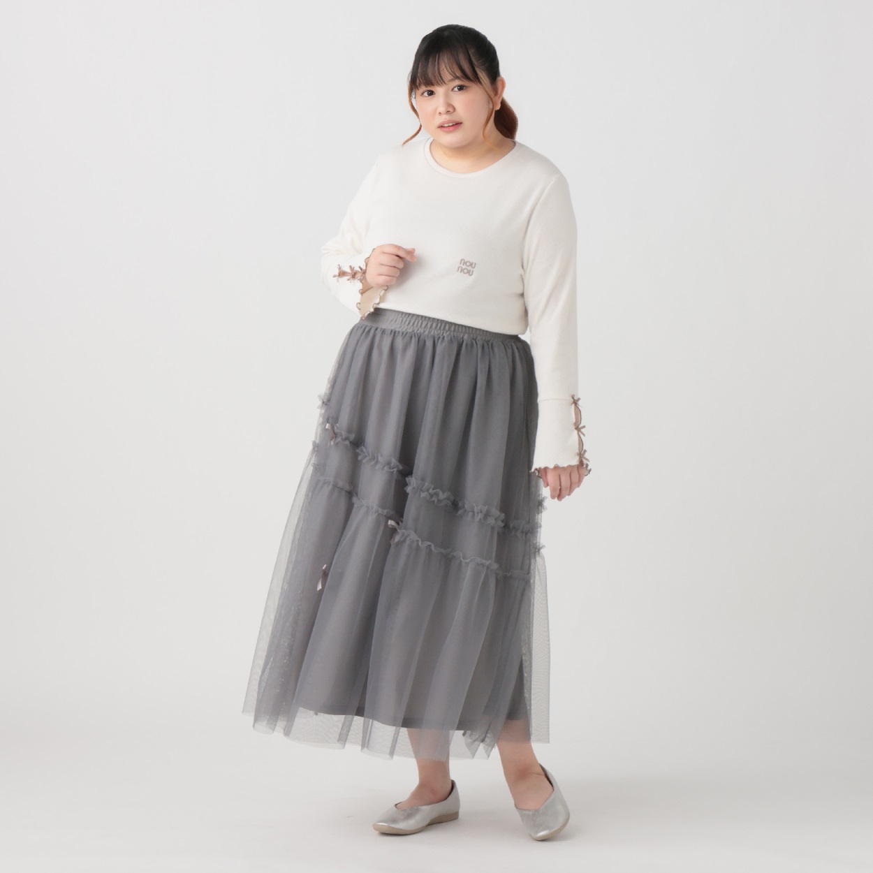 韓国っぽガーリー＊リボンチュールスカート レディス ぽっちゃりサイズ