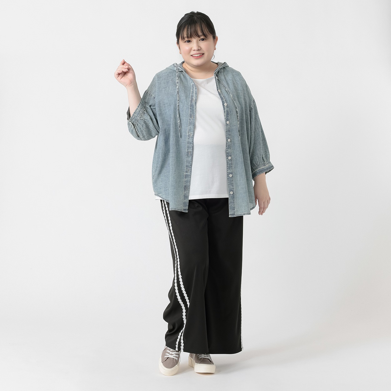 シアーデニムフードシャツ レディス ぽっちゃりサイズのnoannu 396900 