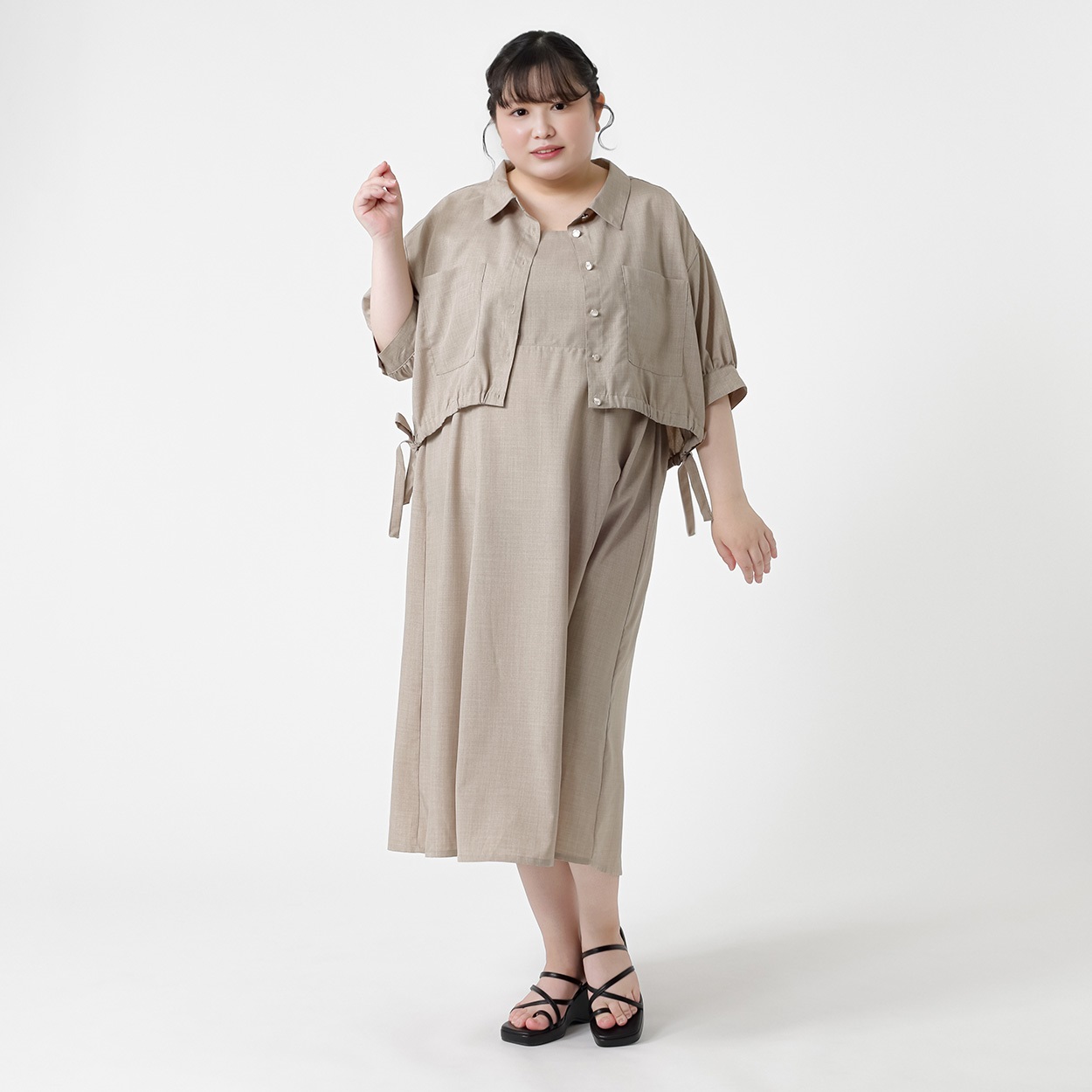 麻調シャツ＆キャミワンピセットアップ レディス ぽっちゃりサイズの