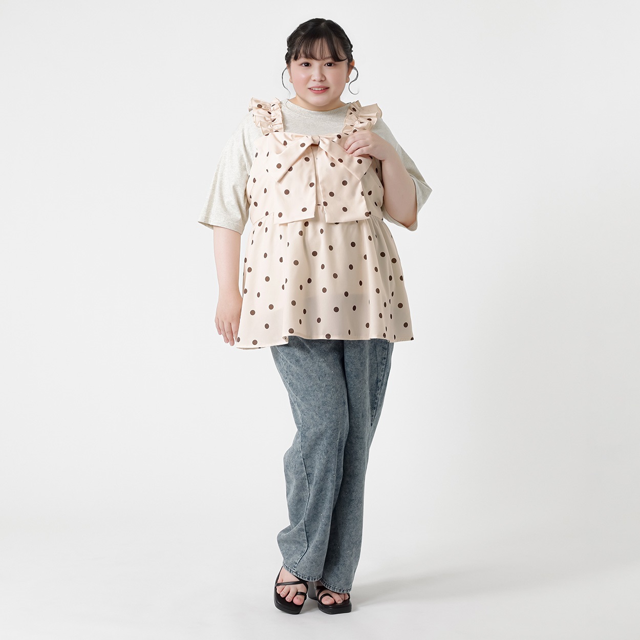 韓国っぽガーリー＊BIGリボン水玉キャミチュニック レディス
