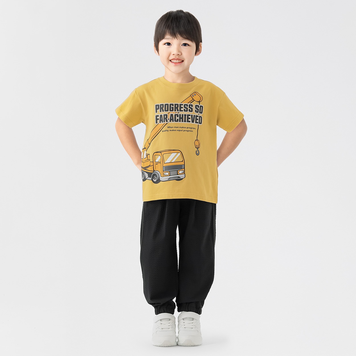 コットン衿よれにくい クレーン車プリント半袖Tシャツ 男の子 トップ 