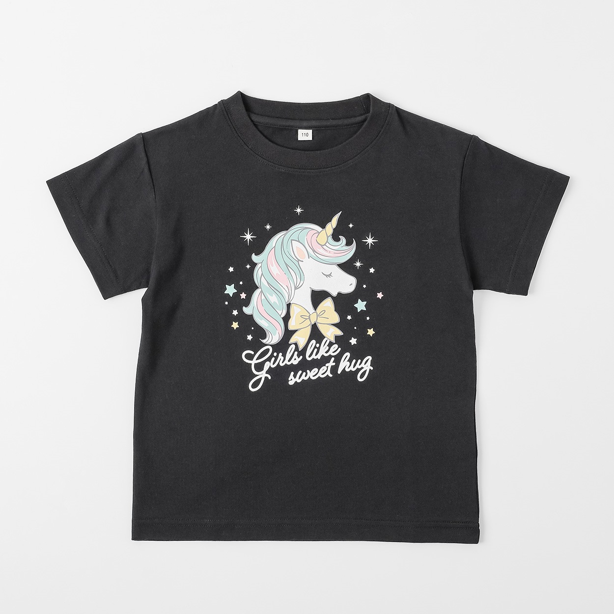 コットン衿よれにくい ユニコーンプリント半袖Tシャツ 女の子 トップ