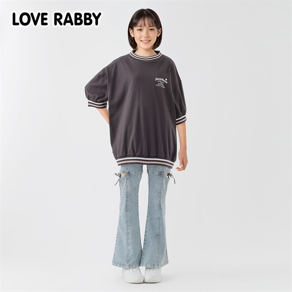 ラブラビ バックレインボーサガラ刺繍ラインリブTシャツ 女の子